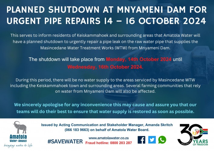PLANNED SHUTDOWN AT MNYAMENI DAM FOR URGENT PIPE REPAIRS 14 – 16 OCTOBER 2024