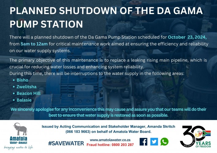 PLANNED SHUTDOWN OF THE DA GAMA PUMP STATION