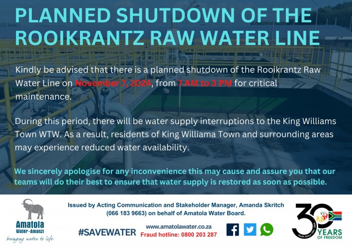 PLANNED SHUTDOWN OF THE ROOIKRANTZ RAW WATER LINE